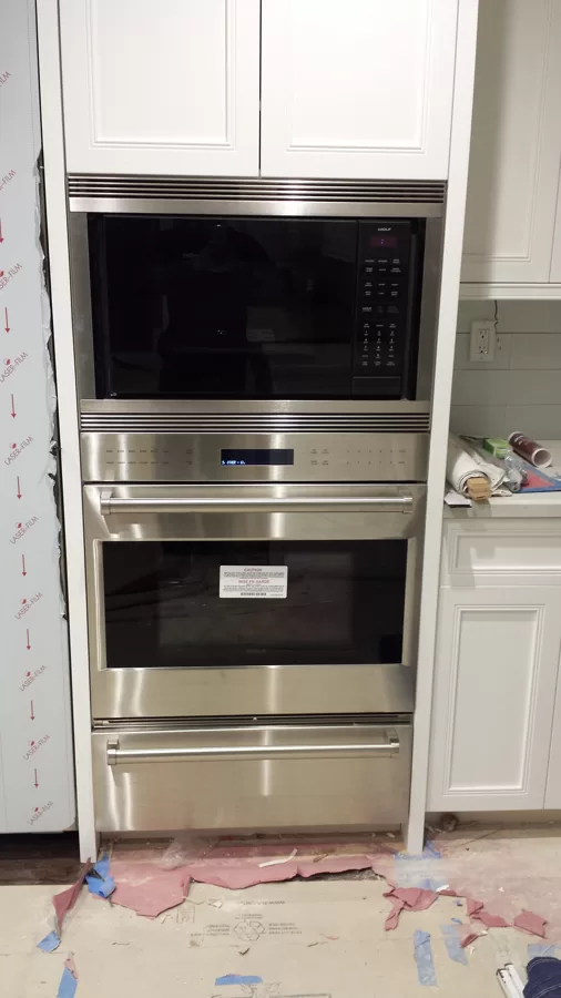 wolf single oven, built in microwave and wolf warming drawer